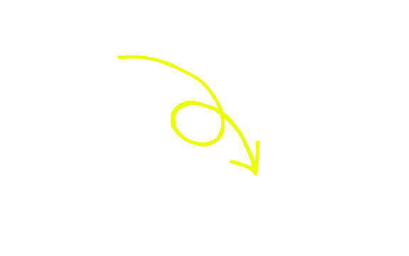 Yellow hand drawn curved arrow with loop pointing down right, thin marker sketch doodle swirl line arrow, neon highlighter scribble direction pointer isolated on white background for infographic