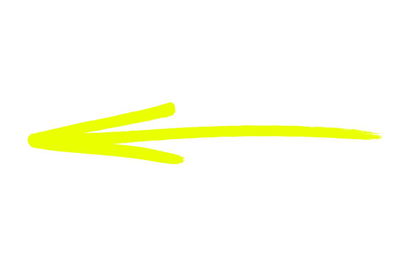 Bold yellow hand drawn long thick arrow pointing left, rough dry brush marker stroke doodle back arrow, neon highlighter grunge direction pointer icon isolated on white background for presentation