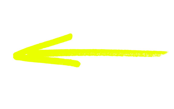 Thick yellow hand drawn left pointing arrow, rough brush marker stroke doodle back arrow, bold neon highlighter grunge direction pointer symbol isolated on white background for banner design