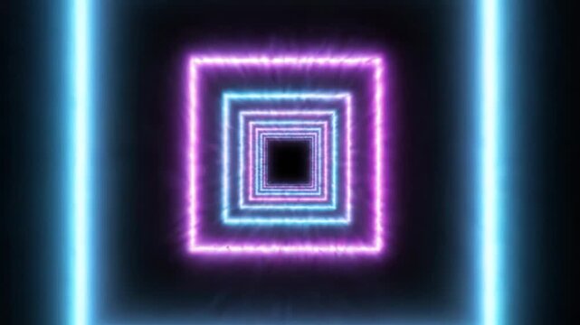 Glowing neon square tunnel receding into black background, abstract motion graphics loop with cyan and magenta light