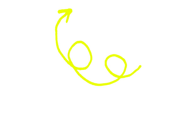 Yellow hand drawn curly arrow with two loops pointing up, thin wavy marker sketch doodle line arrow, neon highlighter scribble growth direction pointer isolated on white background for infographic