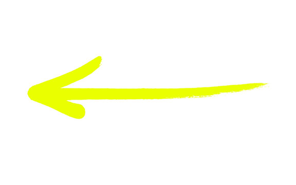 Bold yellow hand drawn thick arrow pointing left, rough dry brush stroke marker doodle back arrow, neon highlighter grunge direction pointer icon isolated on white background for presentation
