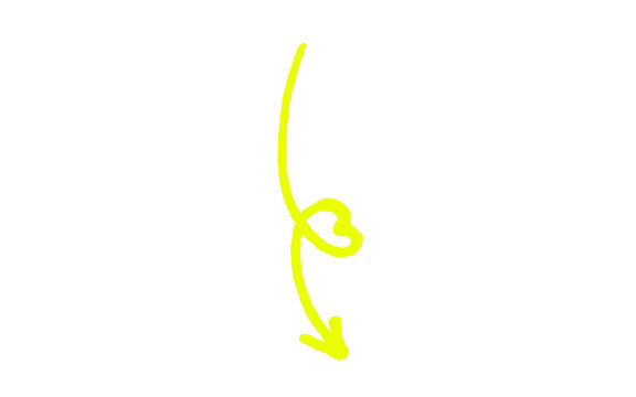 Yellow hand drawn vertical wavy arrow with loop pointing down, thin marker sketch doodle scribble arrow, neon highlighter curly line direction pointer isolated on white background for layout