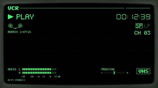 VHS Playback Interface with Neon Green Digital Controls, Audio Meter and Analog Screen Distortion on Transparent Background. 4K