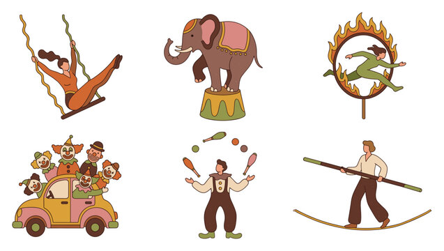 Circus performers and carnival show character illustrations featuring acrobat on trapeze, trained elephant, fire ring jumper, clown car, juggler, and tightrope walker