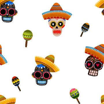 Mexican Day of the Dead seamless pattern with decorated sugar skulls wearing sombreros and colorful maracas. Great for fiesta packaging, fabric, and holiday decor.
