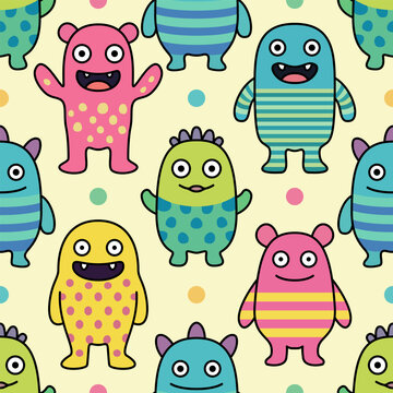 Cute kawaii dotted striped monster seamless pattern flat outline