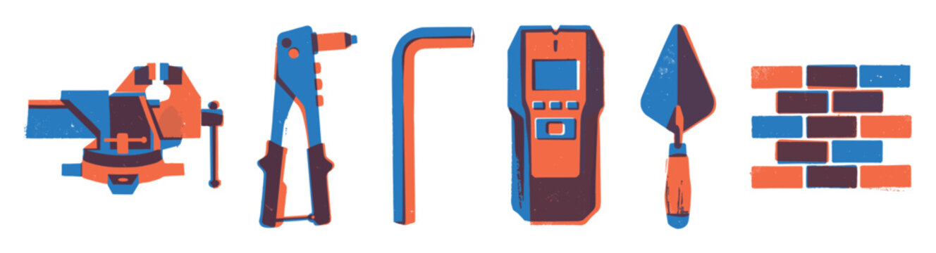 Construction tools and masonry equipment including vise, rivet gun, hex key, wall scanner, trowel, and brickwork in a retro print style