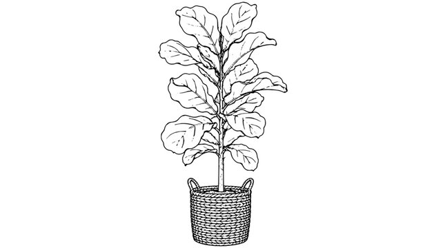 Black outline vector icon of a fiddle leaf fig tree with veined lobed leaves on a trunk in a woven basket with side handles rendered in thin lines in vertical composition showing canopy height