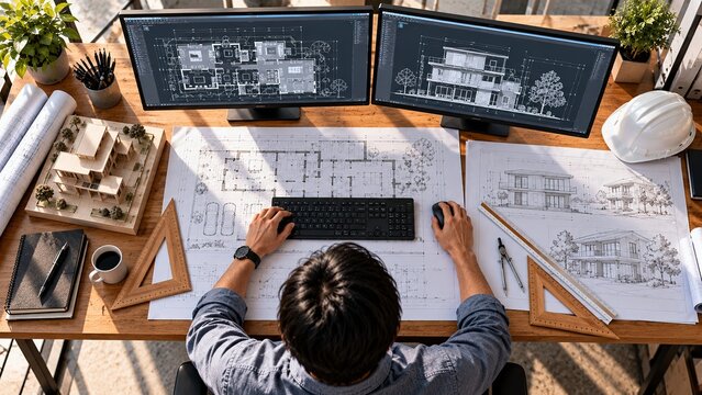 Architect working on residential house design using CAD software on dual monitors, with architectural blueprints, building model and drafting tools on desk in a modern architecture studio.