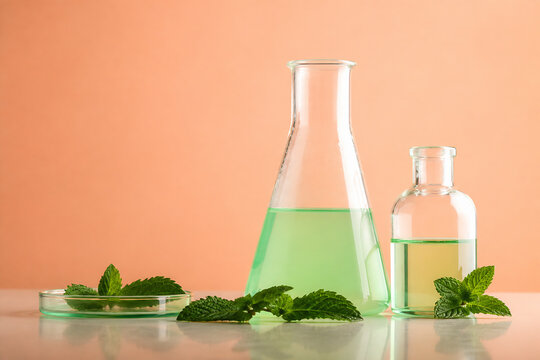 Laboratory glassware, including a large Erlenmeyer flask with green liquid and a smaller bottle, sits on a white surface against an orange background.