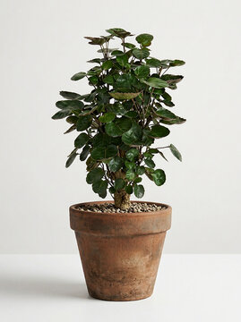 Potted aralia fabian polyscias fabian houseplant with thick woody trunk in an aged terracotta pot against a white background