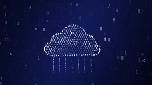 Digital cloud computing concept formed by binary code and data streams on a dark blue background.