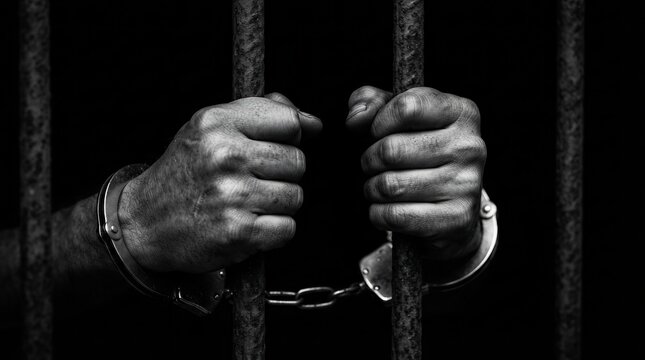 Struggle and confinement depicted by hands in handcuffs holding iron prison bars.