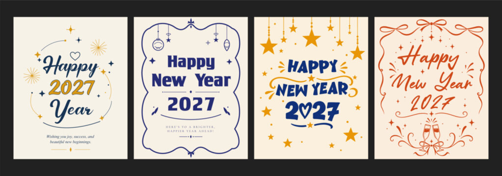 Happy New Year 2027 Celebration Poster Set with Creative Typography, Festive Stars, Decorative Frames and Elegant Holiday Vector Design