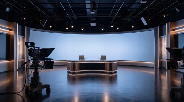 Modern television broadcast studio with empty news desk and lighting rigs in dark setting
