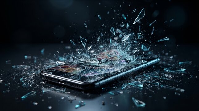 Shattered mobile phone screen with sharp glass pieces exploding upward in a dark setting.