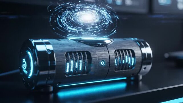 Smart speaker comes alive with blue led equalizer signals, projecting circular cosmos hologram into air. Advanced audio equipment showcases cutting edge technology inside sophisticated studio.