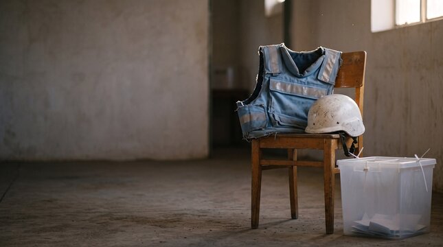 Press vest and helmet resting on a wooden chair beside a ballot box in a war zone building
