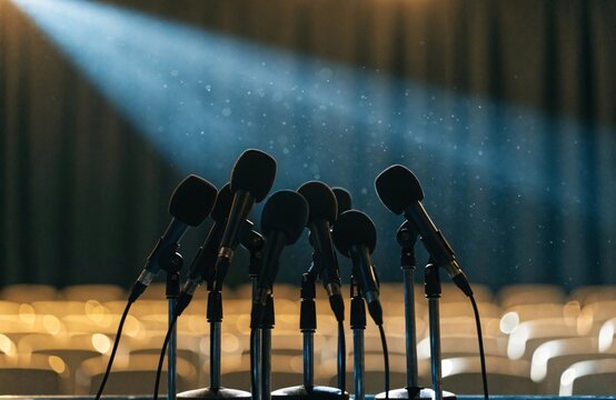 Multiple microphones on a wooden podium facing an empty conference hall at a formal event