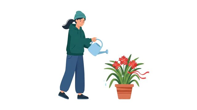 Woman in green hoodie watering potted red flowers with a blue can