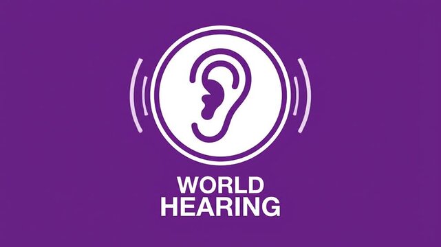 World Hearing Day animation with ear icon and sound waves on purple background
