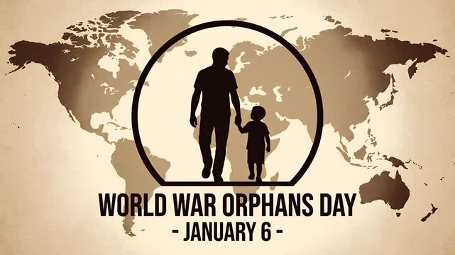 World War Orphans Day concept animation featuring silhouettes of an adult and child walking together inside a globe graphic over a vintage map background