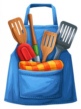 Cooking apron isolated on a white background, with grilling utensils and accessories tucked into the pockets.