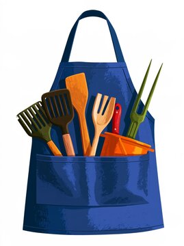 Cooking apron isolated on a white background, with grilling utensils and accessories tucked into the pockets.
