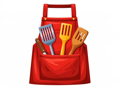 Cooking apron isolated on a white background, with grilling utensils and accessories tucked into the pockets.