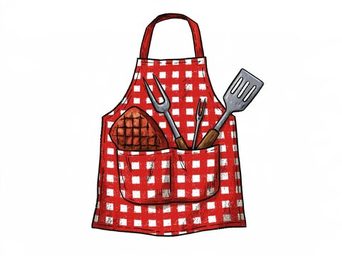 Cooking apron isolated on a white background, with grilling utensils and accessories tucked into the pockets.