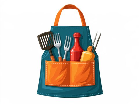 Cooking apron isolated on a white background, with grilling utensils and accessories tucked into the pockets.