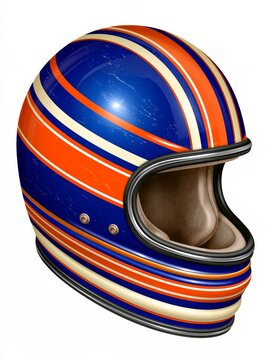 Monster truck racing helmet in cobalt blue with orange and cream stripes, featuring a bold, child-friendly design, isolated on a white background.