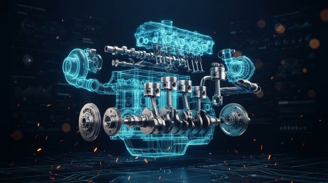 Automotive engine blueprint showing an exploded view of internal combustion components for mechanic design.
