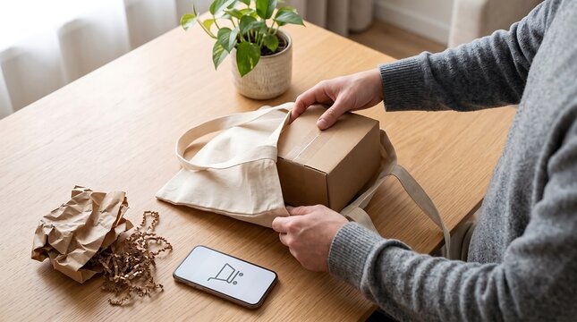 Person carefully packaging an online order into an eco-friendly bag for sustainable delivery
