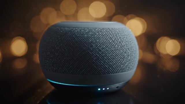 Smart speaker sits on dark reflective surface while glowing golden particles swirl gracefully around compact round body, expressing modern technological elegance and futuristic home concept.