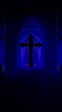 Floating ornate cross in blue gothic corridor, vertical animation