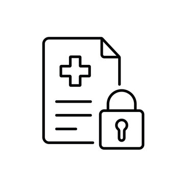 A vector icon representing secure medical data with a health document and padlock, created in line style with editable stroke.