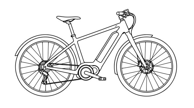 Black outline vector icon of a modern electric bicycle with frame integrated battery fenders disc brakes and chain drive drawn with thin clean lines in side profile view promoting urban mobility