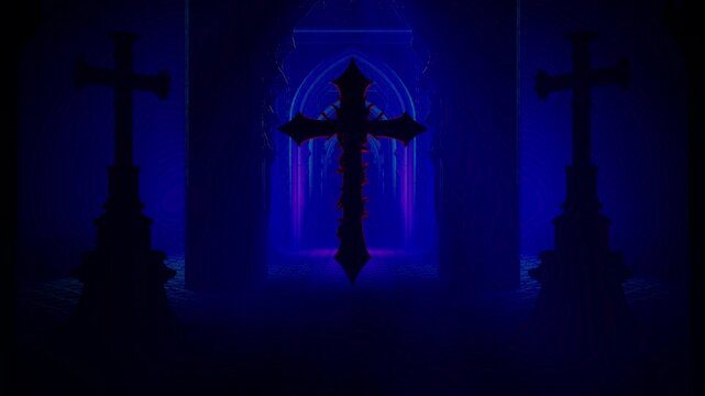 Floating ornate cross beneath gothic arches in blue and purple light