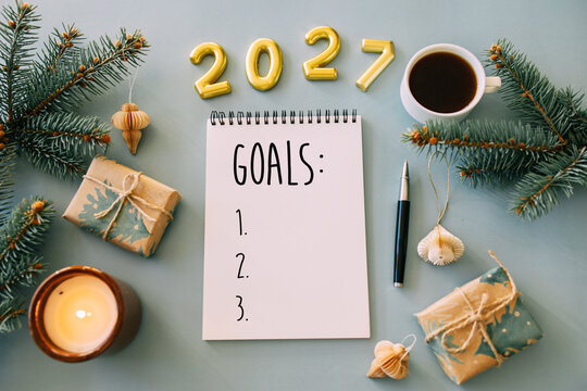 New year 2027 goals list with festive decorations