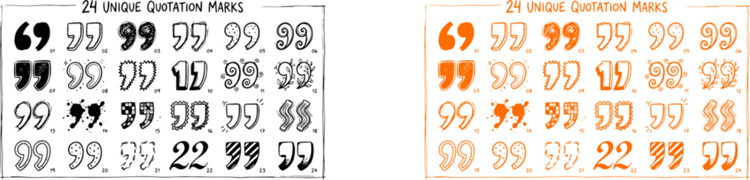 Creative quotation marks silhouettes and orange line art set for decorative editorial typography