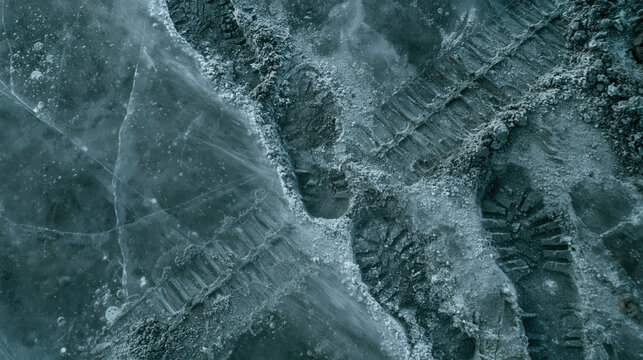 Frozen lake surface boot print winter ice footprint frosty snow track cold nature detail textured frozen ground rugged outdoor pattern icy abstract background glacier surface human step trace