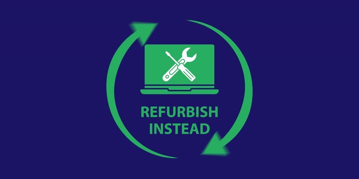 Refurbish instead promotional badge featuring a used product, rotating restoration arrows and repair tool movement for refurbished electronics retailers, repair services and product reuse campaigns.