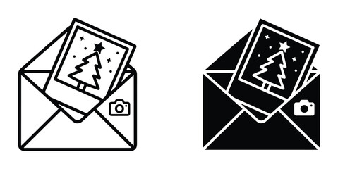 Christmas card in envelope icon set with camera symbol for holiday greetings and mail © Jannatul