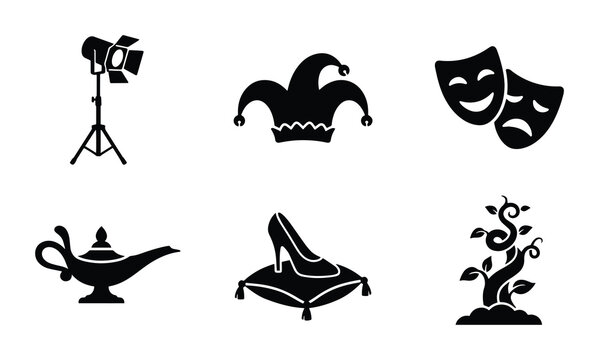 Entertainment and magic icons set with spotlight, jester hat, theatre masks, genie lamp, glass slipper and beanstalk for design