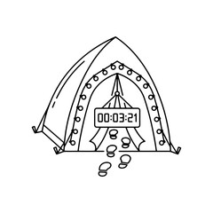 Line art illustration of a camping tent with a digital timer © sukma