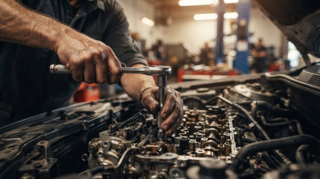 Skilled automotive mechanic performing engine repairs with tools in a bustling garage environment.