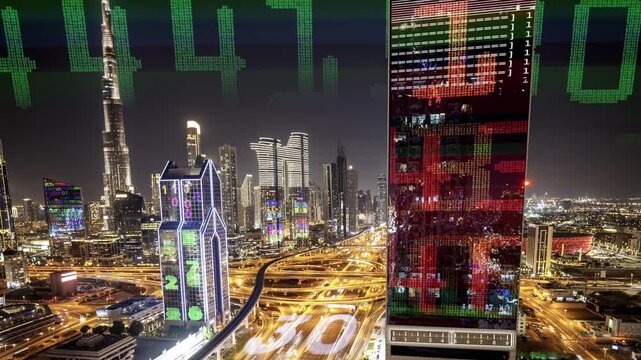 dubai cyberpunk city with overlayed code and data on the buildings