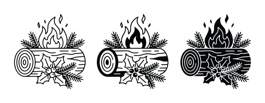 Yule log set with holly and pine branches, festive illustration for Christmas